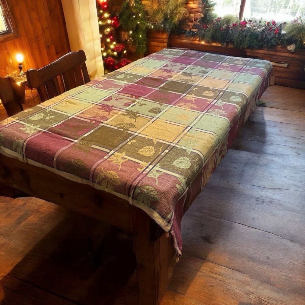 Jacquard Fall Autumn Rectangular Cotton Tablecloth Leaves Leaf Design Burgundy